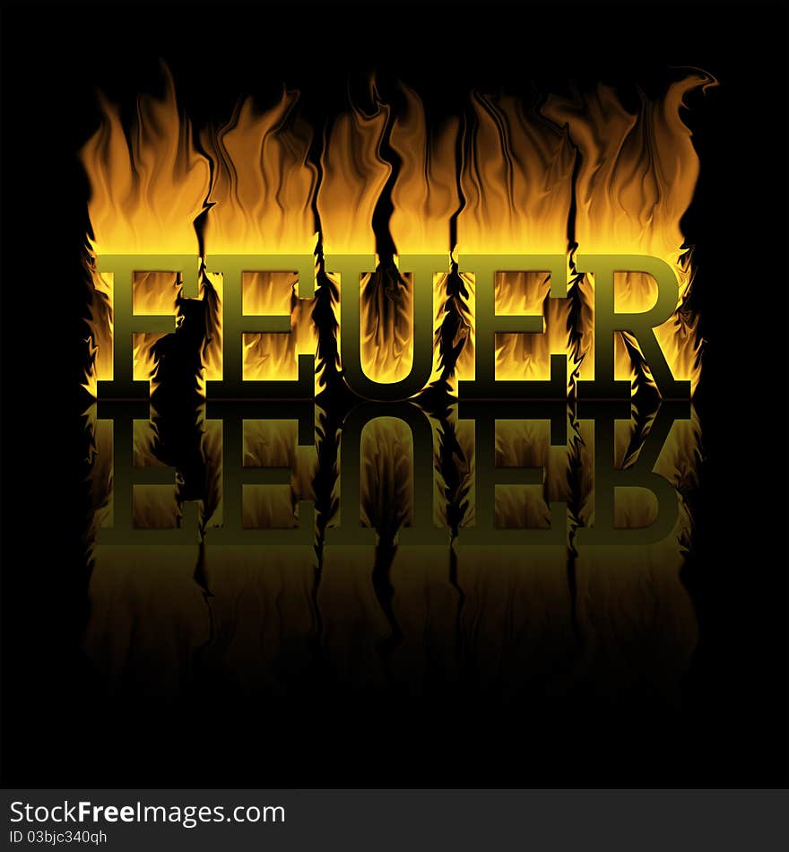 Illustration of the word fire witch burns. With a black background and reflection. Illustration of the word fire witch burns. With a black background and reflection