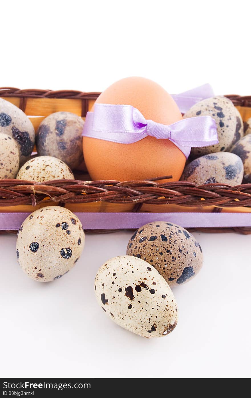 Quail and chicken eggs in basket