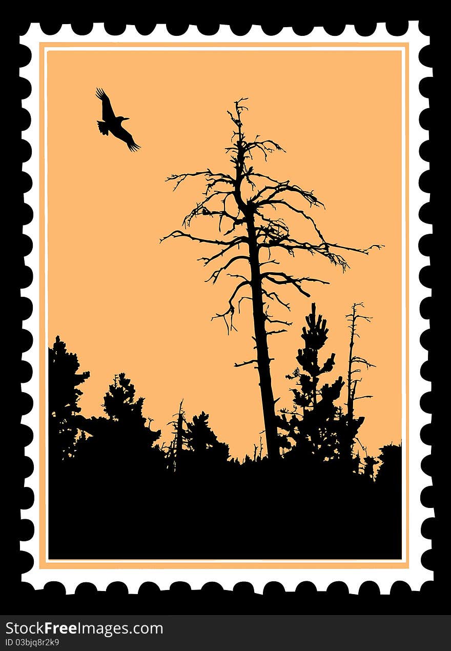 Vector silhouette flying birds on postage stamps