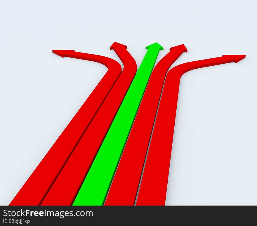 Four red arrow and one green on white surface. Four red arrow and one green on white surface