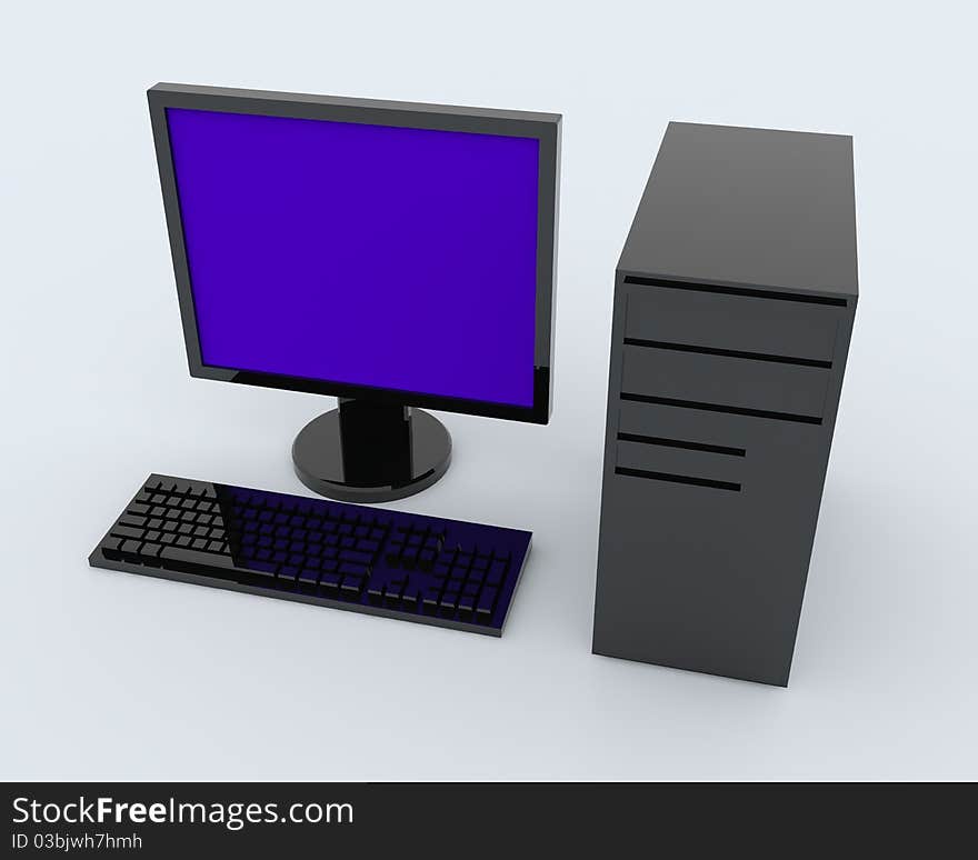 Black personal computer isolated on white background with flat-panel monitor. Black personal computer isolated on white background with flat-panel monitor