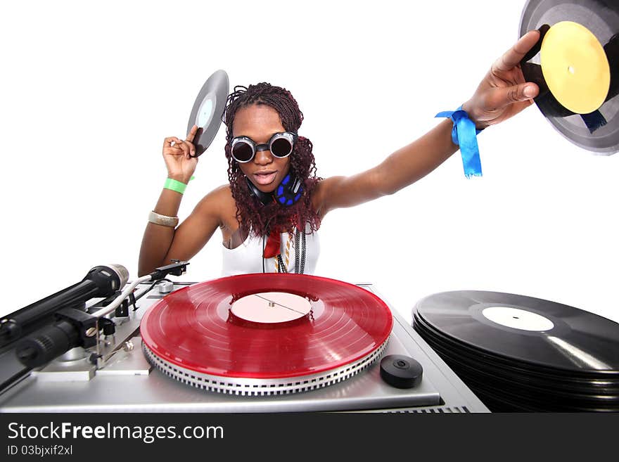 Cool afro american DJ in action isolated on white