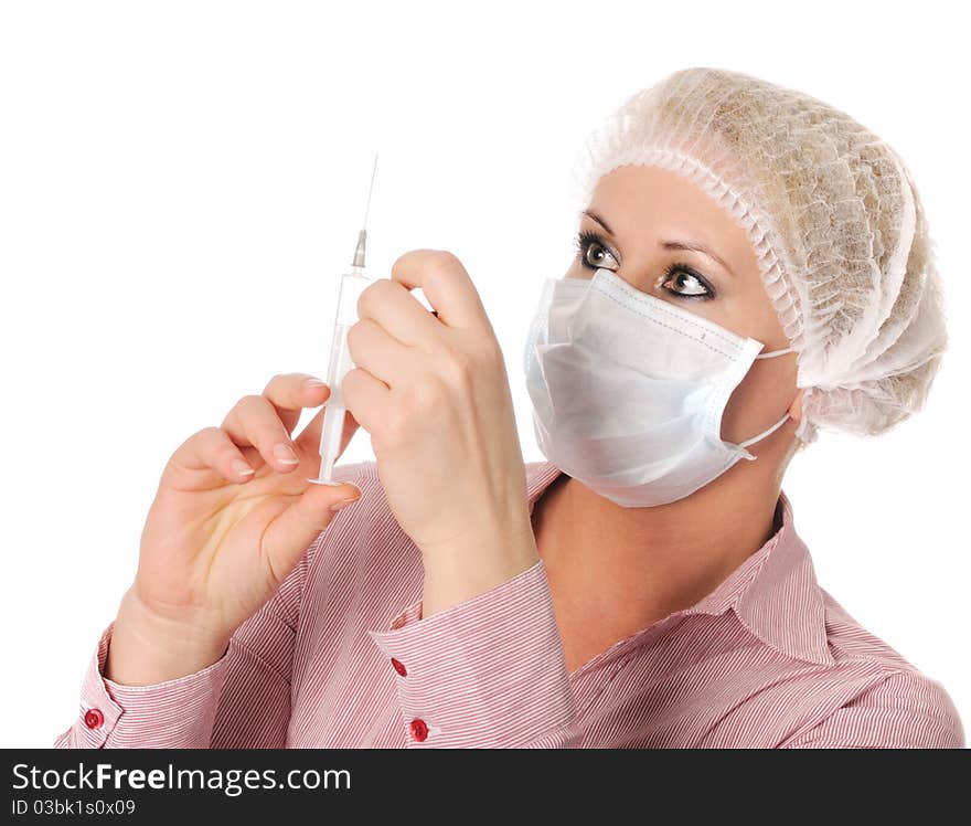 Young doctor with injectionon on a white background