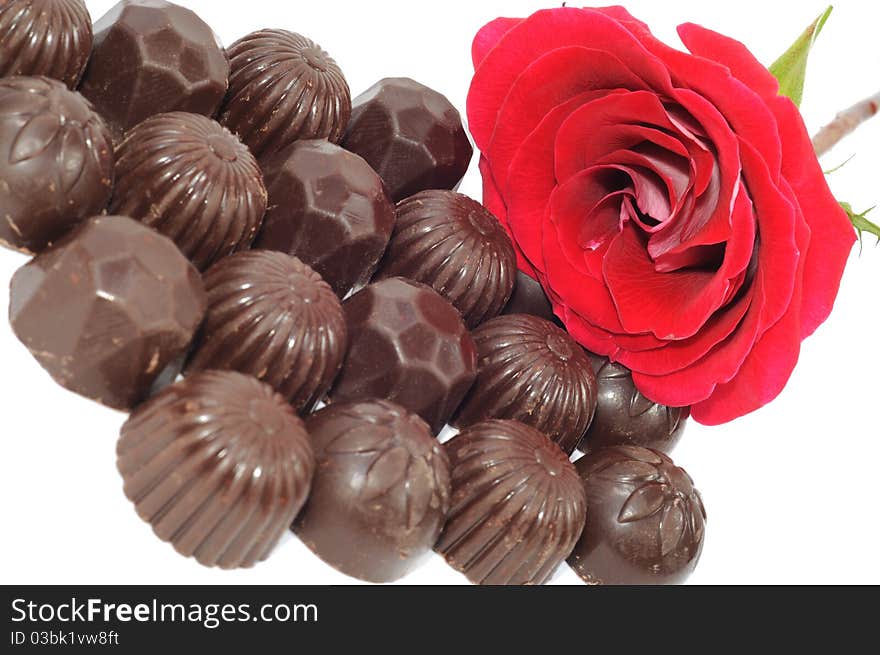 Beautiful red rose and chocolate on white background