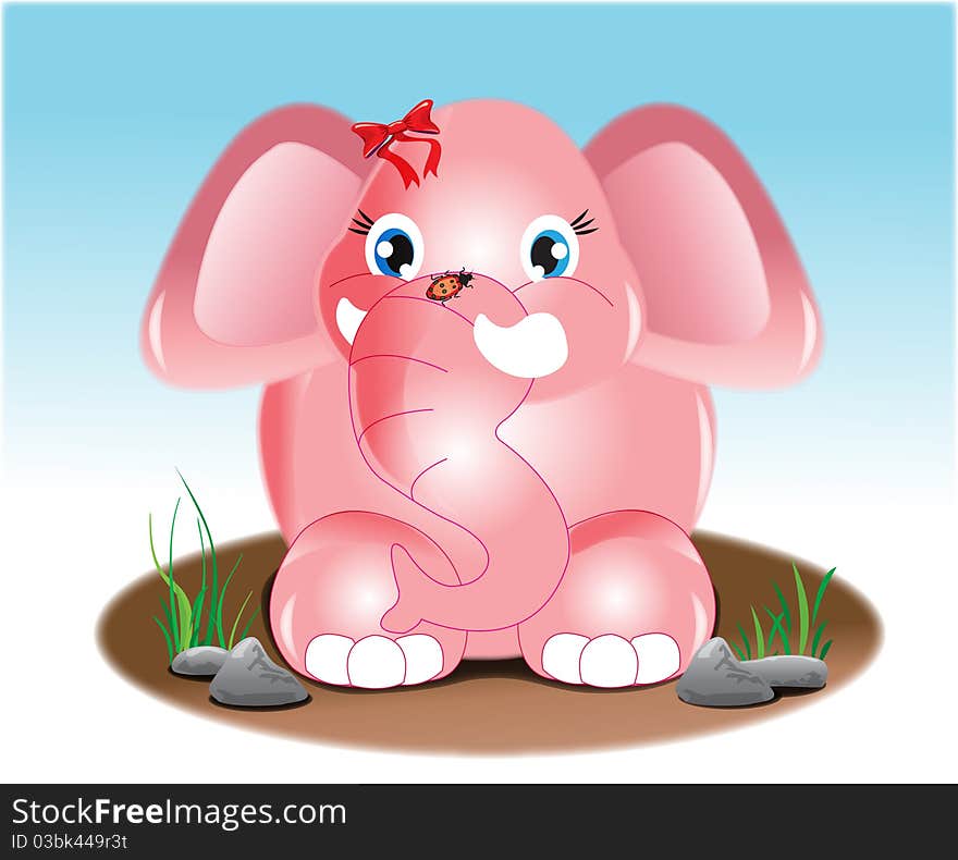 A joyful pink elephant with blue sky and soil and pebbles. A joyful pink elephant with blue sky and soil and pebbles