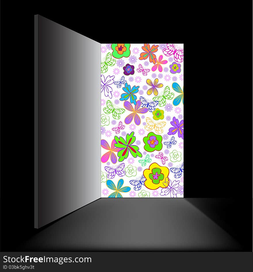 In a black room open doorway filled with flowers. In a black room open doorway filled with flowers