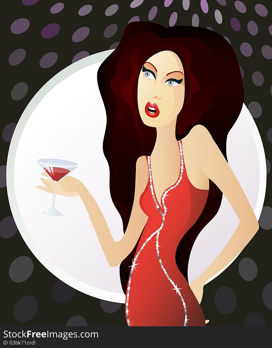 Woman in red dress standing with glass of martini.