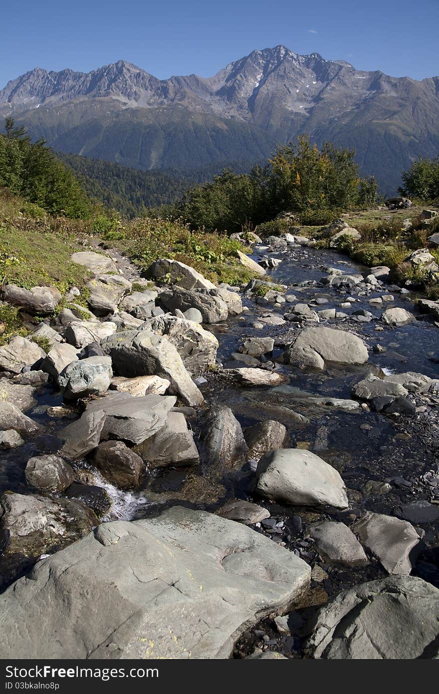 Mountain stream flows through stones. Mountain stream flows through stones