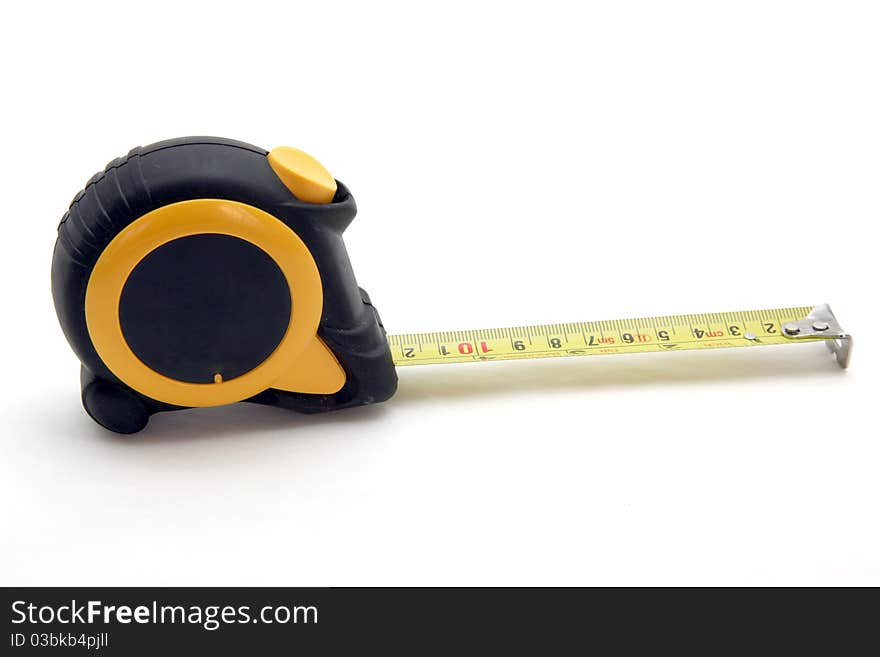 Isolated black-yellow measuring tape on white