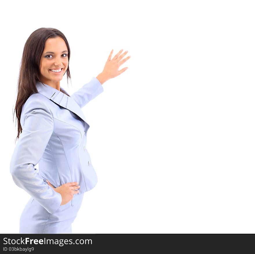 Portrait of a pretty young business woman standing isolated on white background