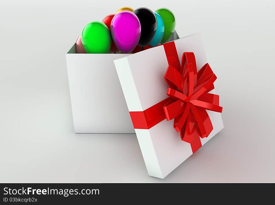 3D rendered illustration of a opened giftbox and balloons. 3D rendered illustration of a opened giftbox and balloons