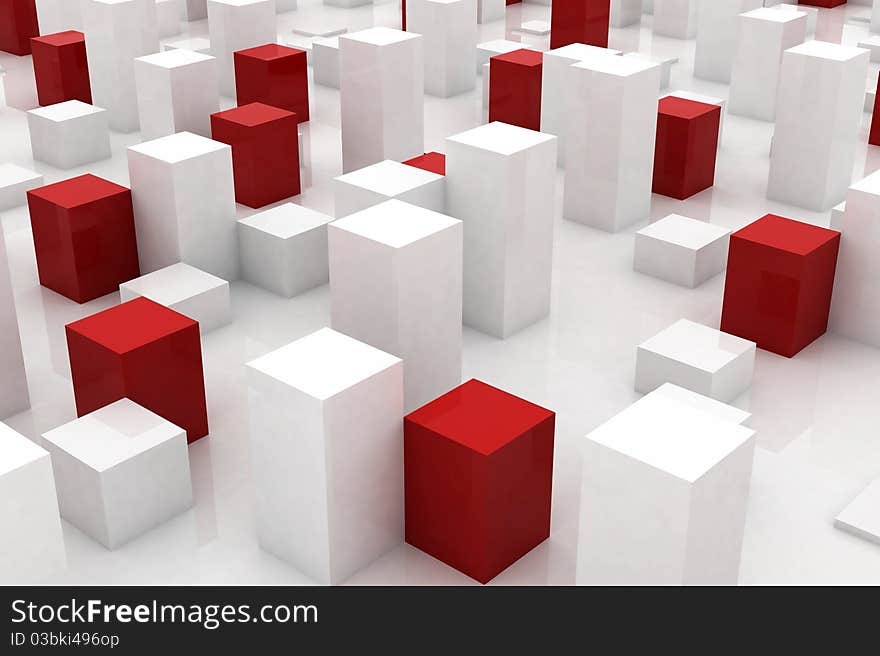 Abstract red blocks among similar white ones. Abstract red blocks among similar white ones