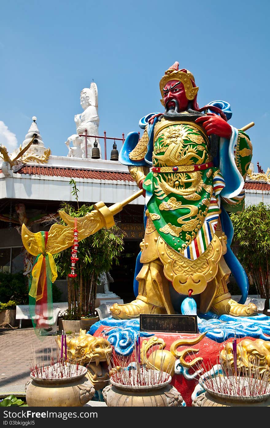 Guan Yu ,Widely known as the God of War, he also represents Loyalty and Responsibility. In Buddhism, he is a protector of monasteries and guardian of all who live in them; thus he can often be found outside Buddhist temple gates. Guan Yu ,Widely known as the God of War, he also represents Loyalty and Responsibility. In Buddhism, he is a protector of monasteries and guardian of all who live in them; thus he can often be found outside Buddhist temple gates.