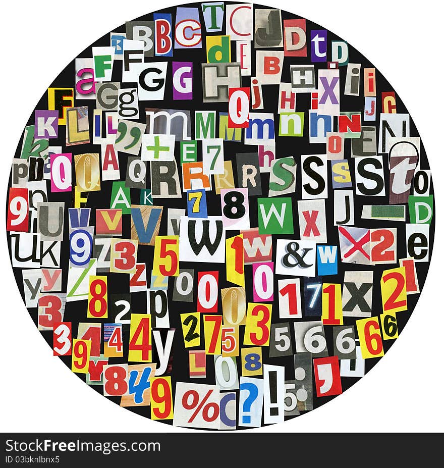 Black circle, fullof newspaper letters, numbers and punctuation marks. Black circle, fullof newspaper letters, numbers and punctuation marks