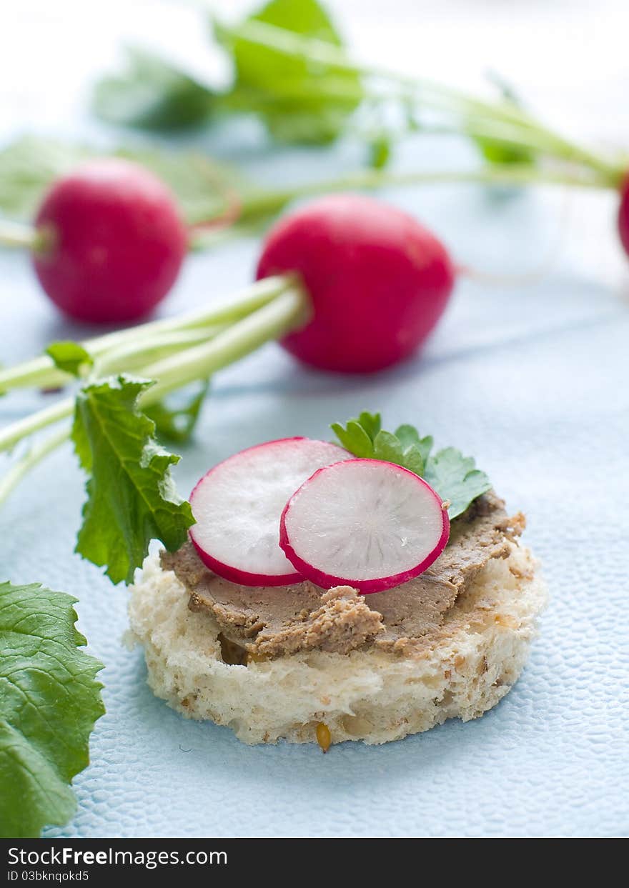 Wholesome sandwich with liver pate, garden radish and cucumber Healthy Eating. Wholesome sandwich with liver pate, garden radish and cucumber Healthy Eating