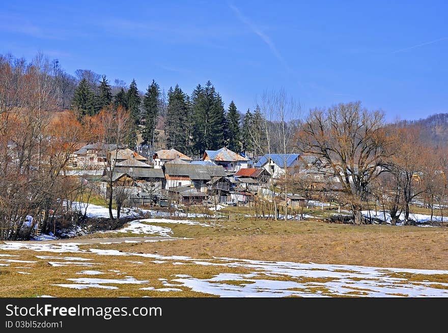 Transylvania village architecture in a sunny winter day