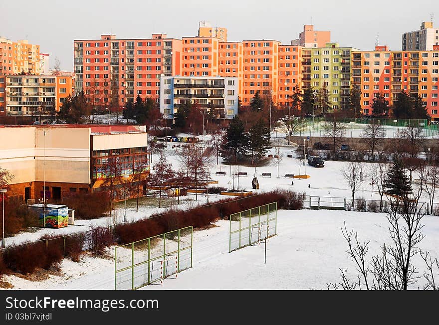 Winter city playground and swimming pool