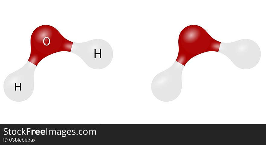 Two versions of water (H2O) molecule model - with and without element's symbols. Two versions of water (H2O) molecule model - with and without element's symbols.