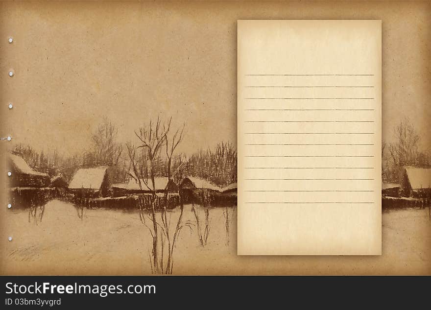 Background with sketch of rural landscape