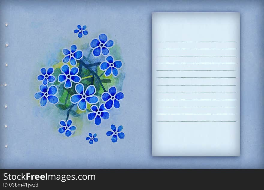 Vintage blue background with watercolor flowers