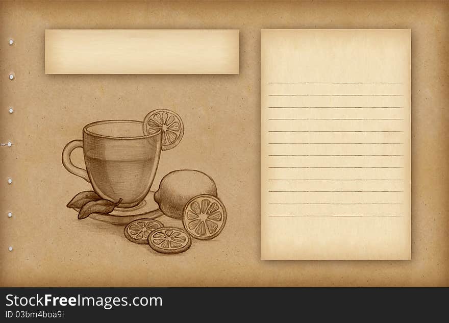 Pencil drawing of glass cup of tea with lemon