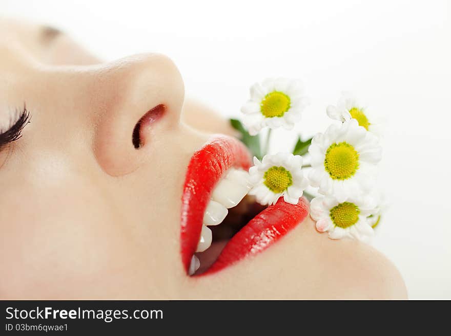 Closeup shot of beautiful girl with daisies on her lips. Macro. Closeup shot of beautiful girl with daisies on her lips. Macro