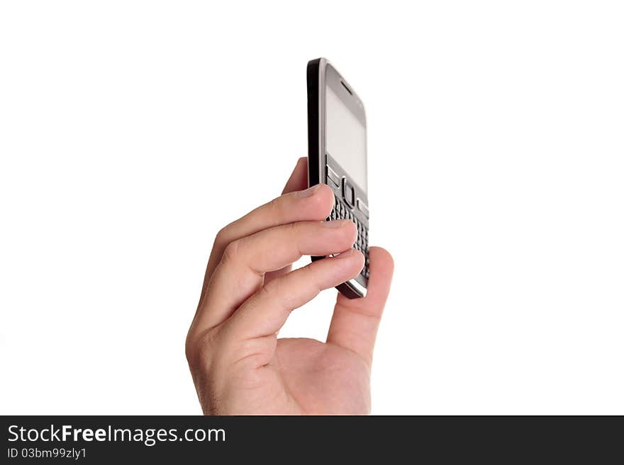 Cell phone in male hand isolated on white