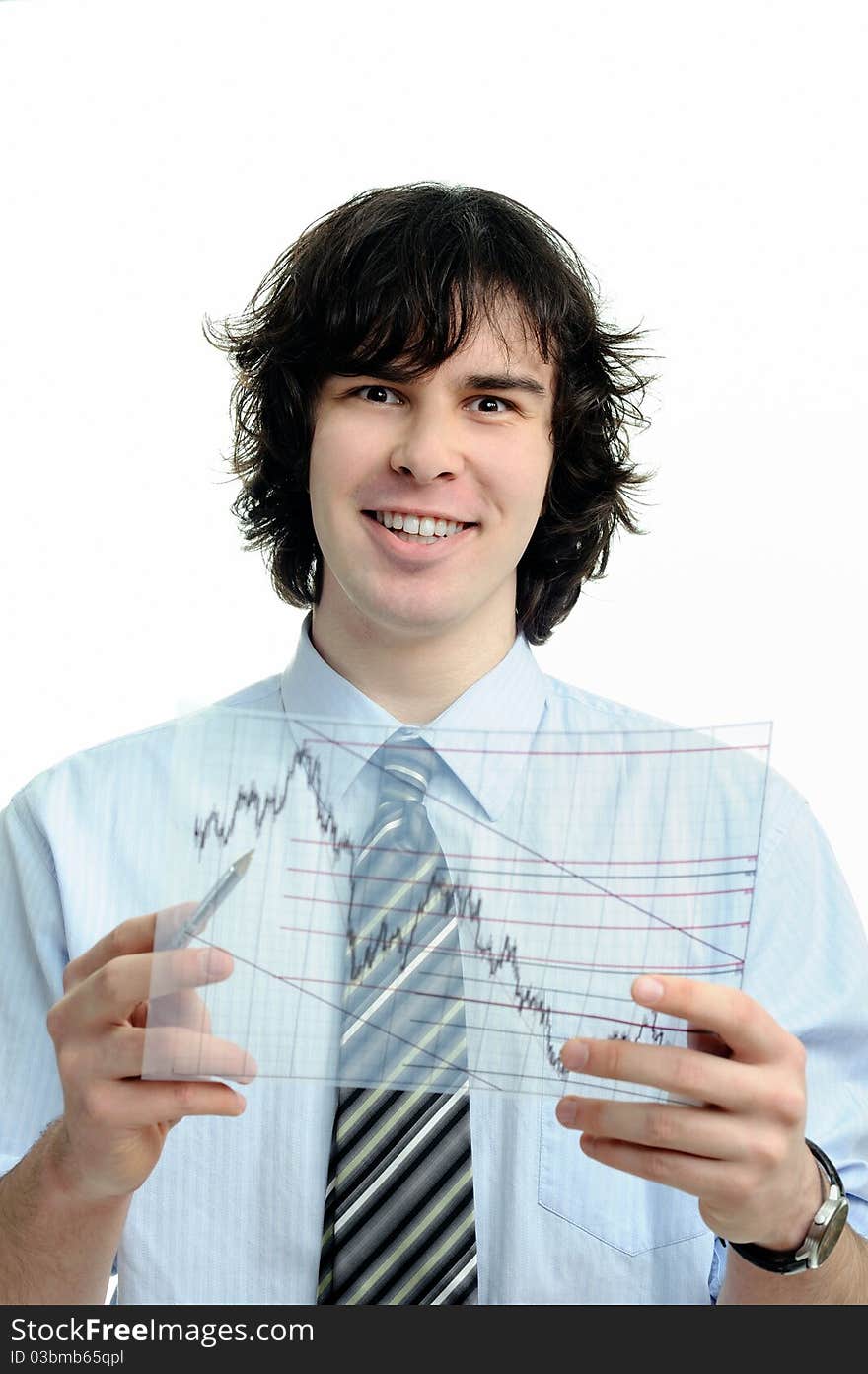 The businessman looks at the chart printed on a transparent material