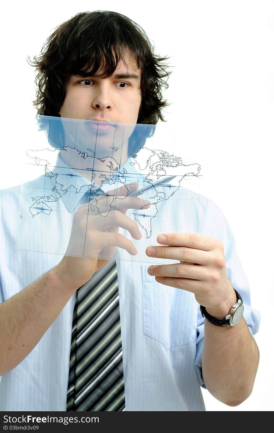 A businessman with a map of the world printed on a transparent material. A businessman with a map of the world printed on a transparent material