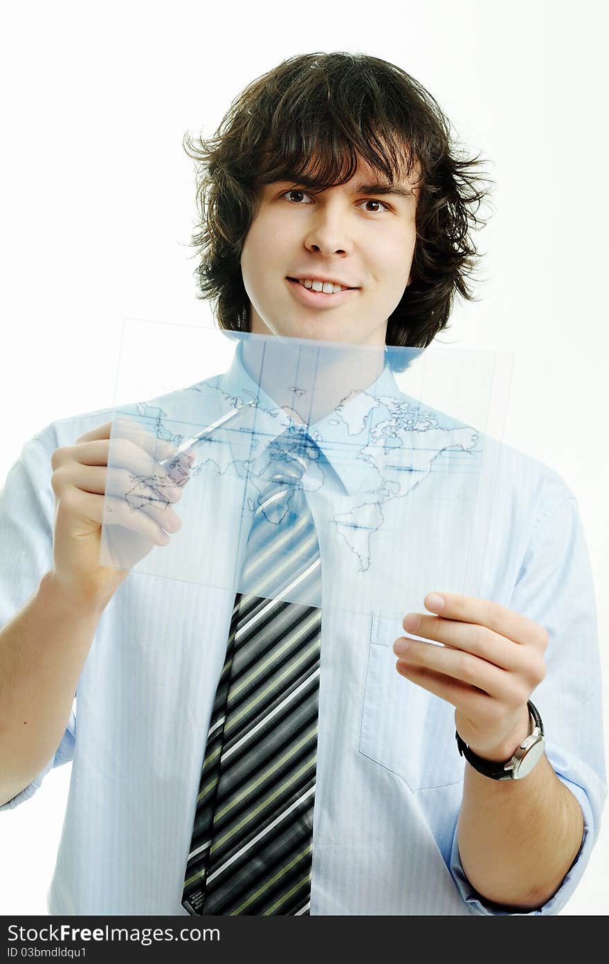 Young Businessman With Map Of The World