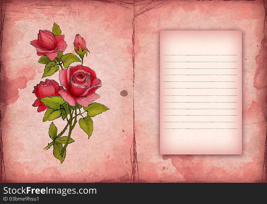 Card with drawing of rose. Card with drawing of rose