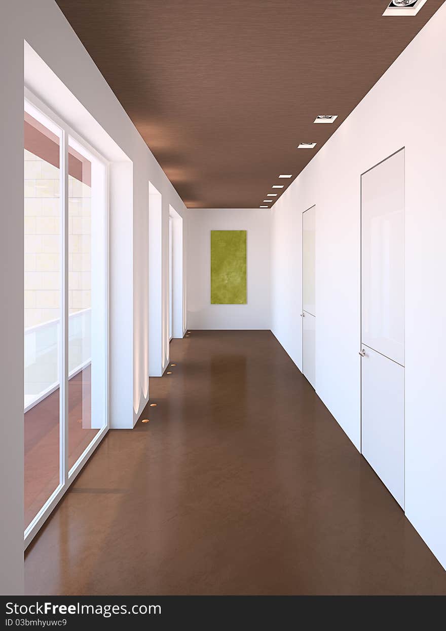 Long modern corridor. 3d render.