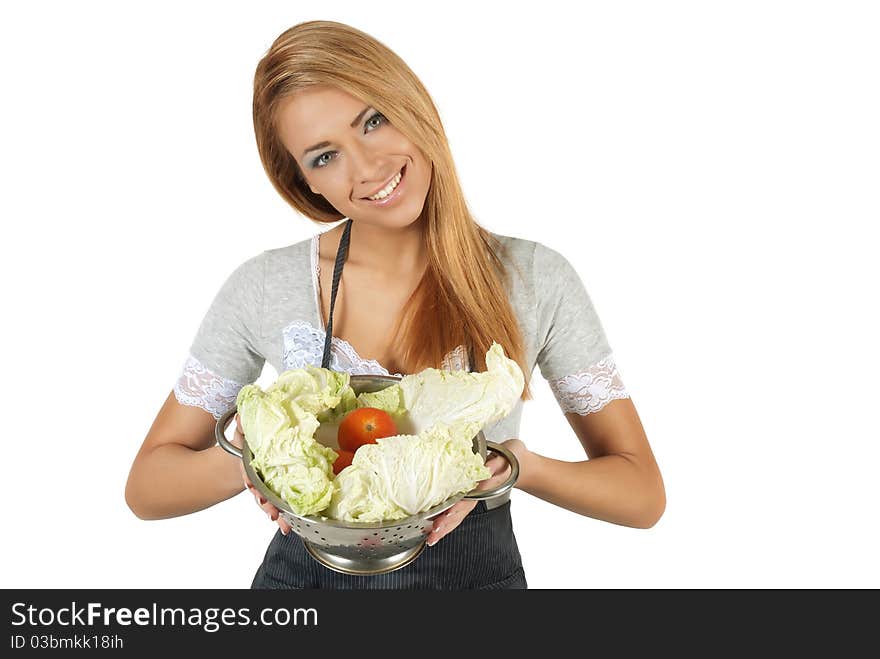 Portrait of happy young woman holding a pot of groceries isolated on white