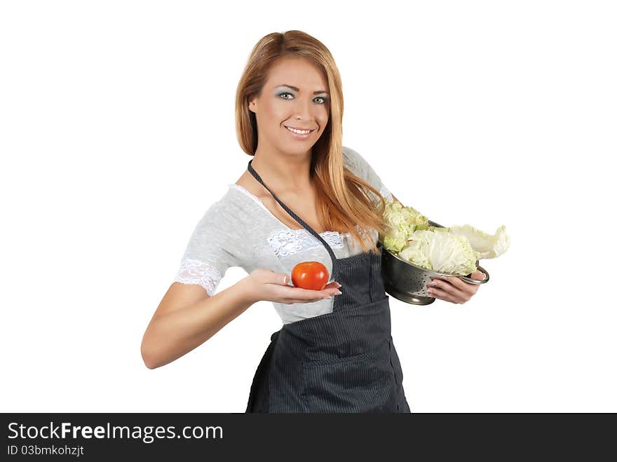 Portrait of happy young woman holding a Pot full of groceries on white background