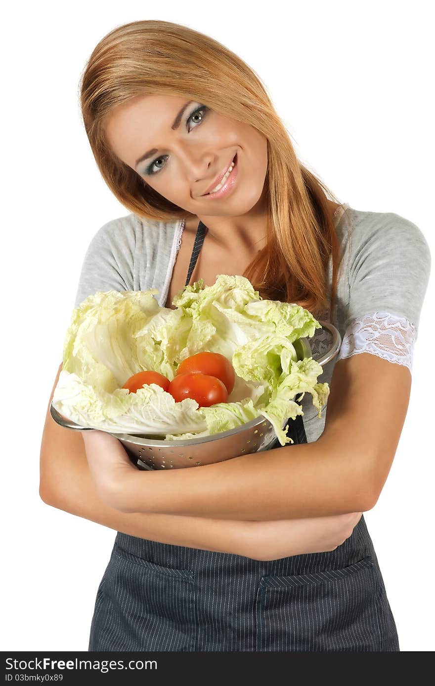 Portrait of happy young woman holding a pot of groceries isolated on white