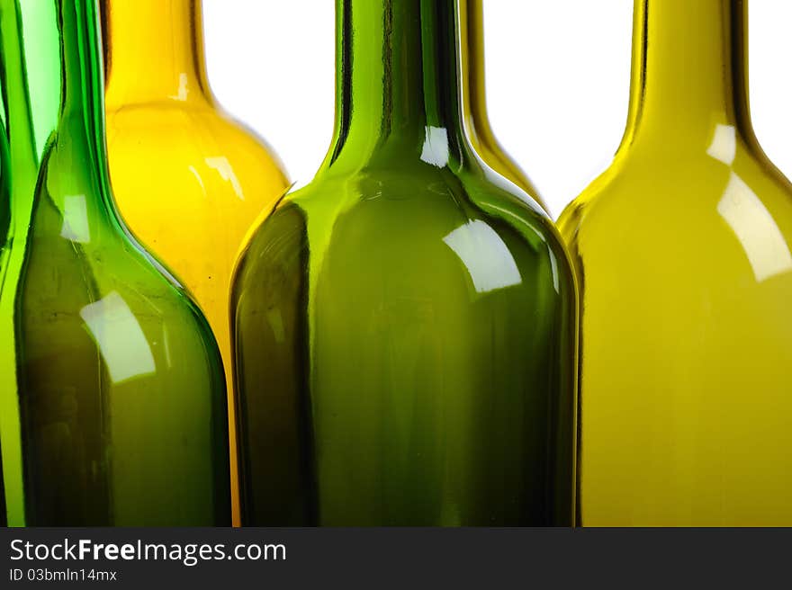 Many Empty Green Wine Bottles Isolated On White