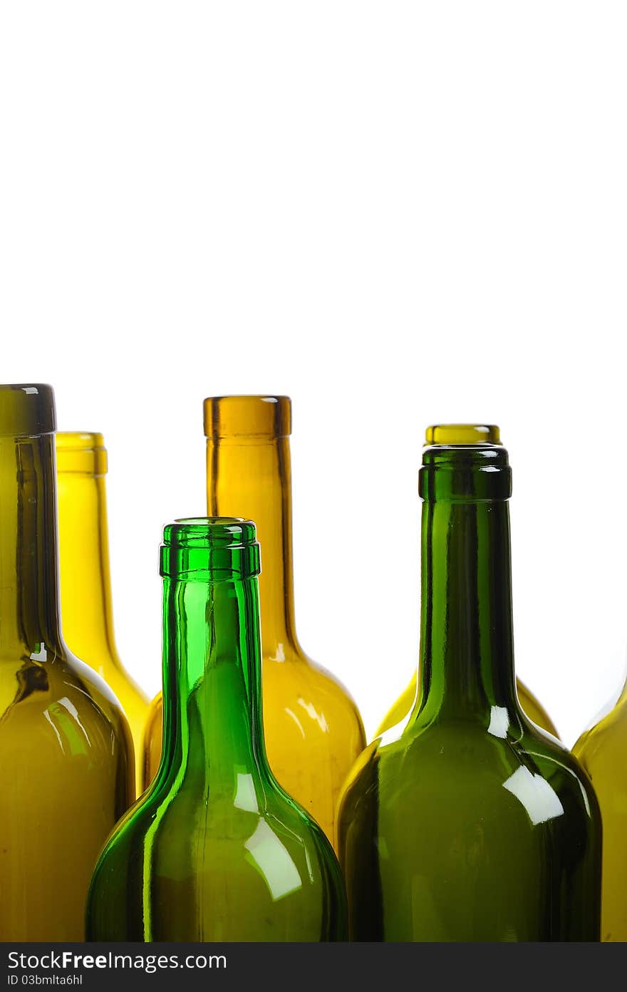 Many Empty Green Wine Bottles Isolated On White