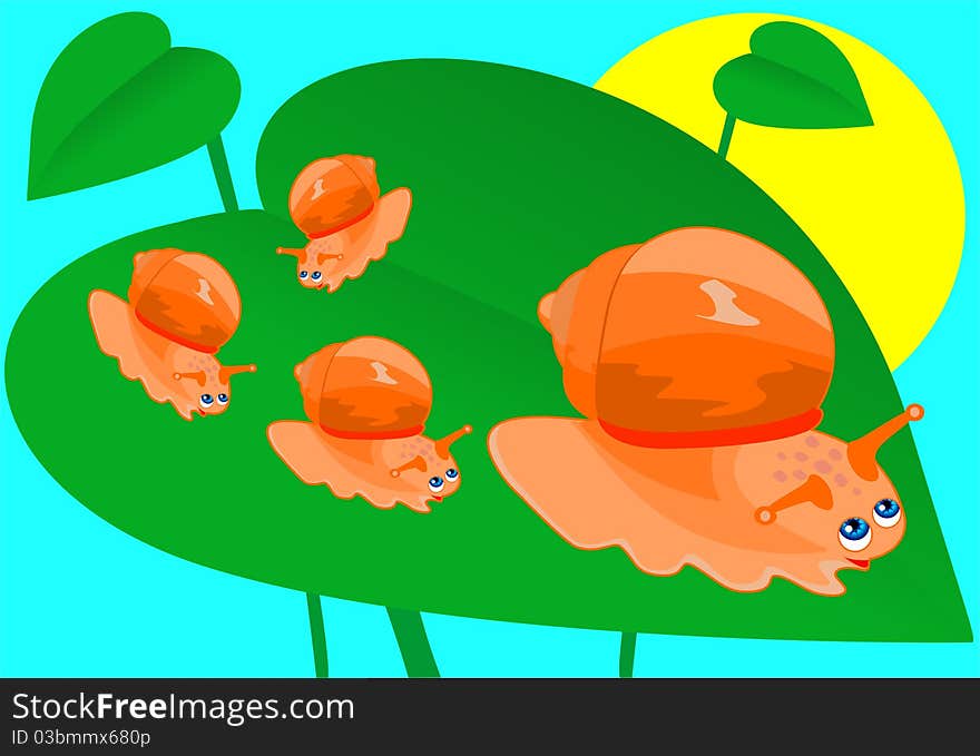 Mother snail with children on a leaf. Mother snail with children on a leaf