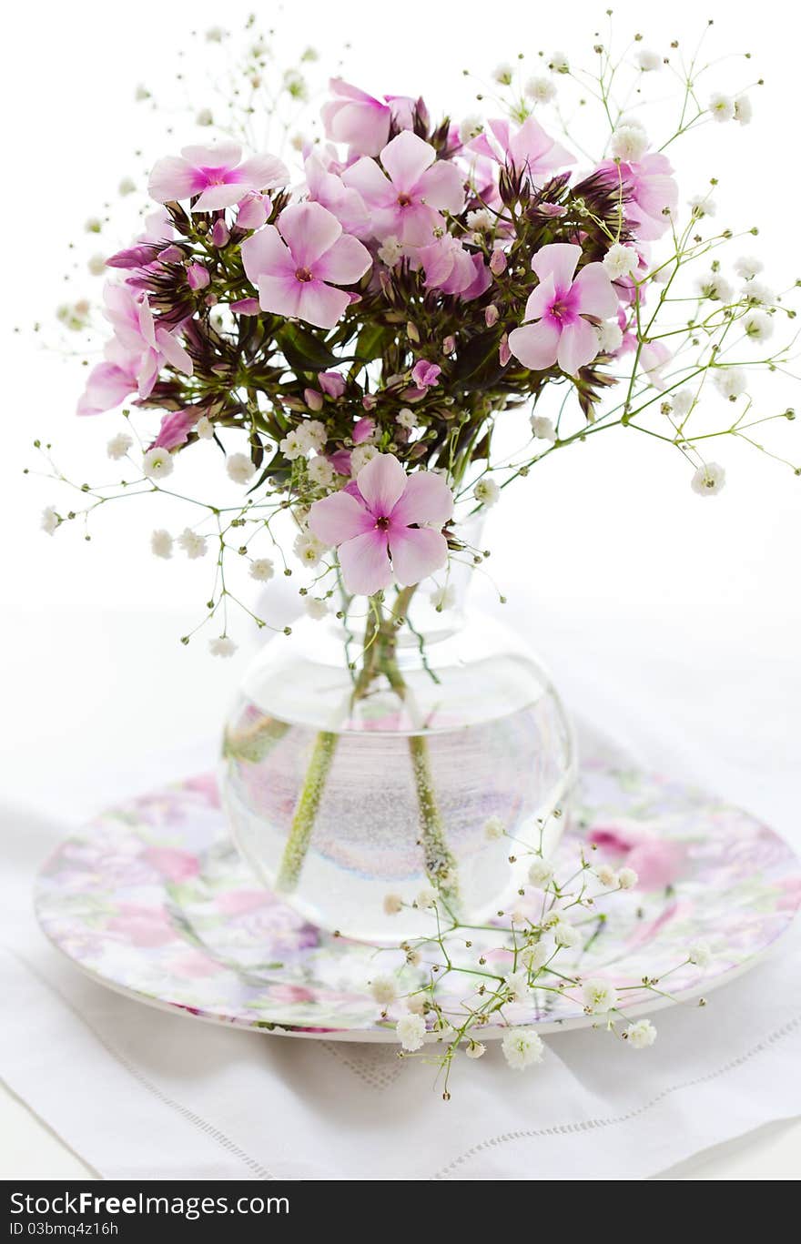 Arrangement of pink phlox and gypsophila. Arrangement of pink phlox and gypsophila