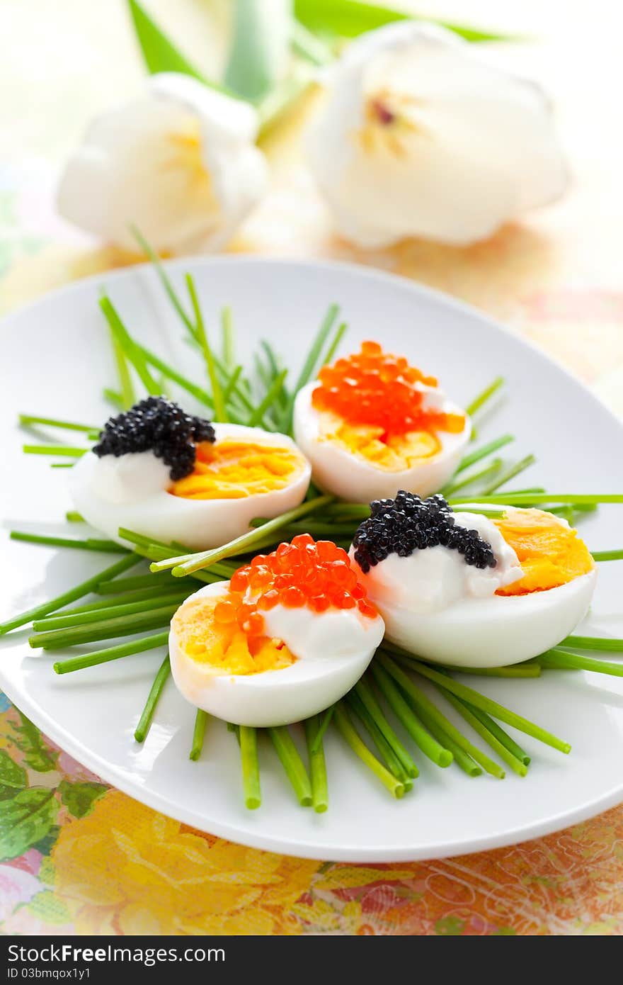 eggs with red and black caviar