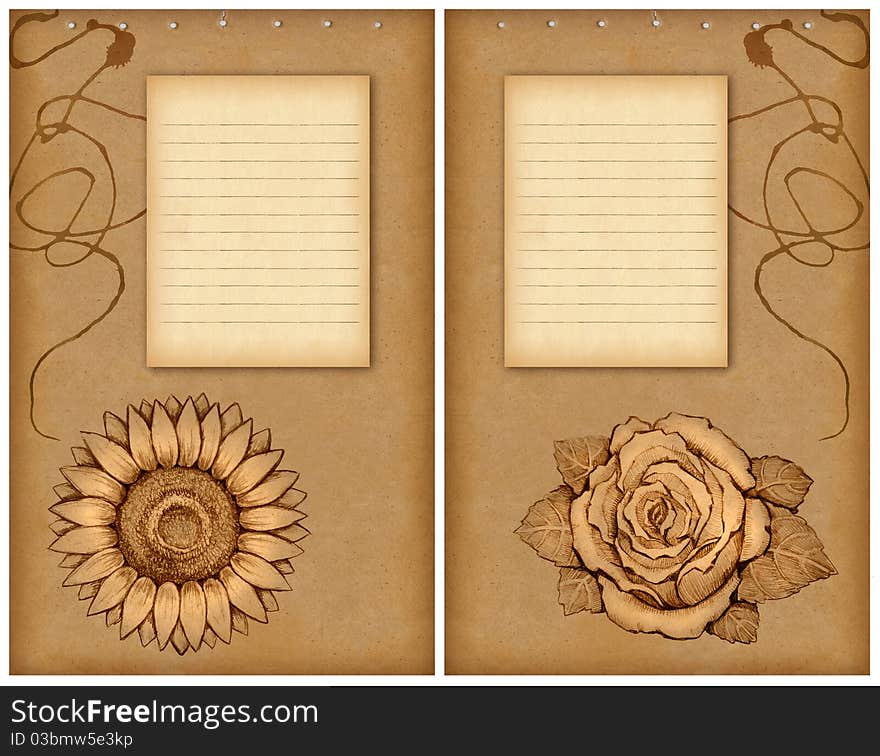 Background with pencil drawing of rose and sunflower. Background with pencil drawing of rose and sunflower