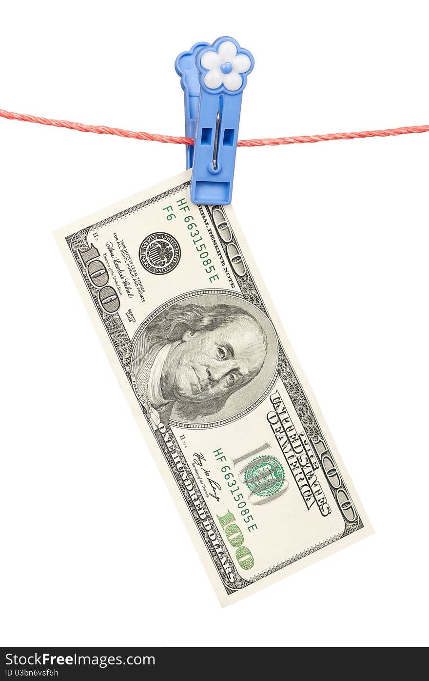 One hundred dollar bill hanging on a clothesline isolated on white background. One hundred dollar bill hanging on a clothesline isolated on white background