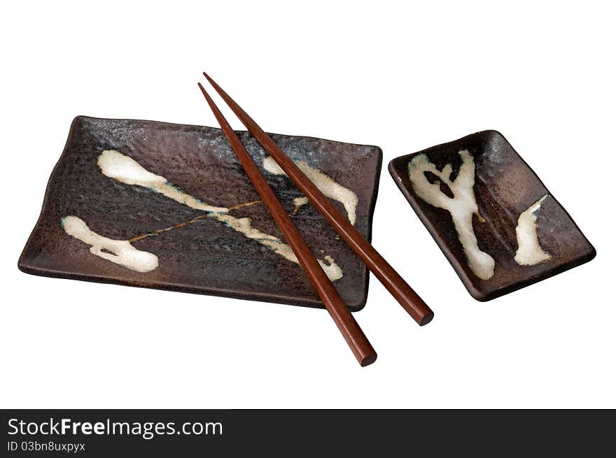 Isolated brown sushi set with chopsticks