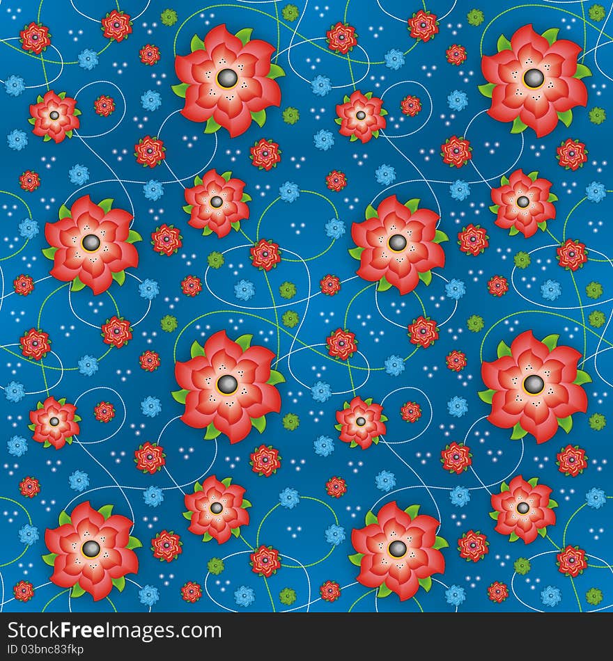 Red flowers on the blue background. Red flowers on the blue background