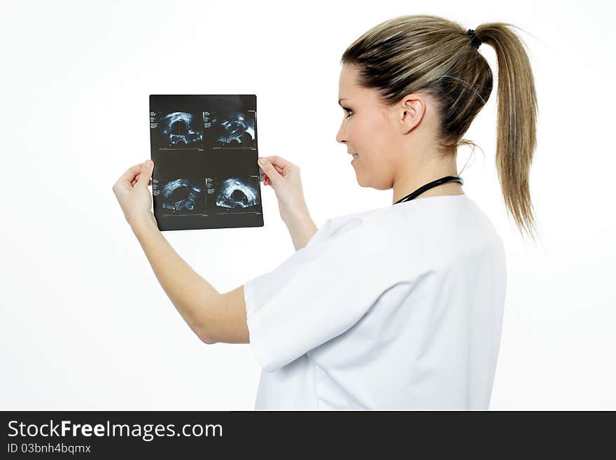 Beautiful radiologist woman in action