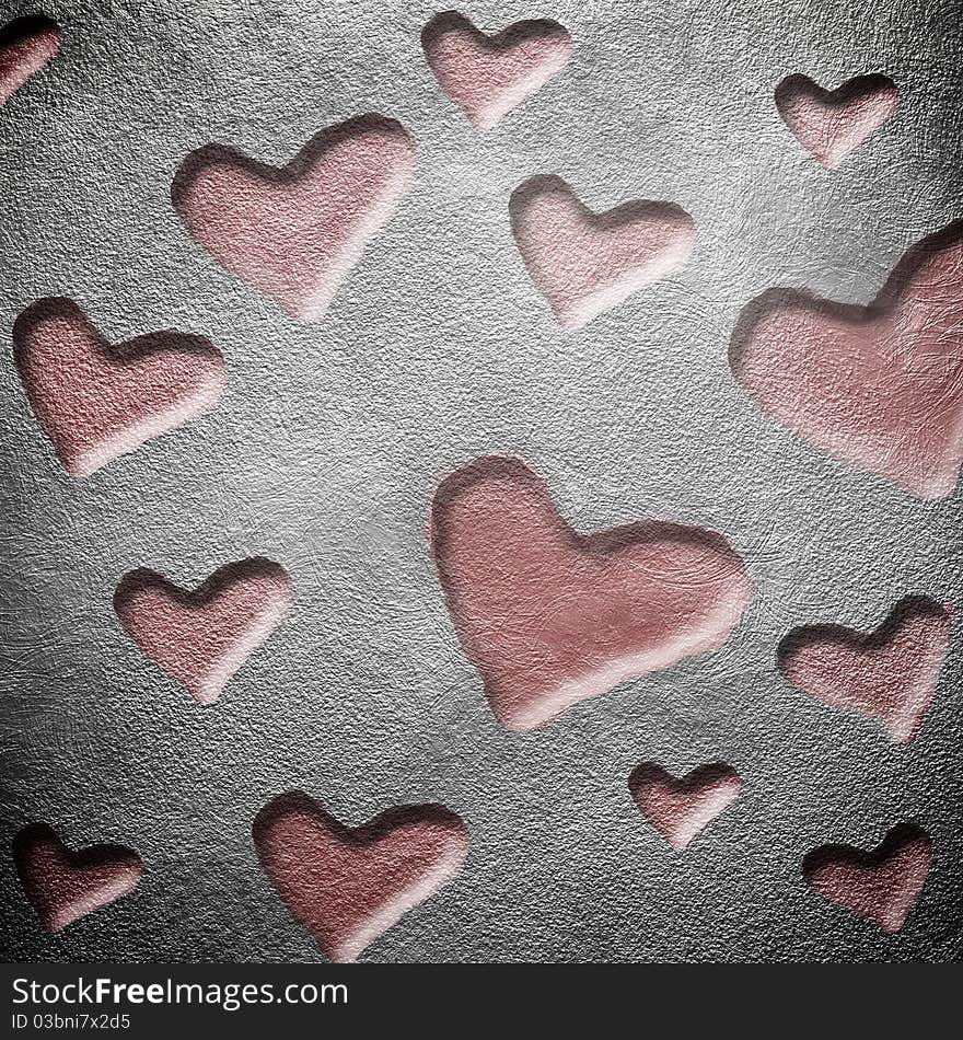 Grunge wall with hollowed red hearts. Grunge wall with hollowed red hearts