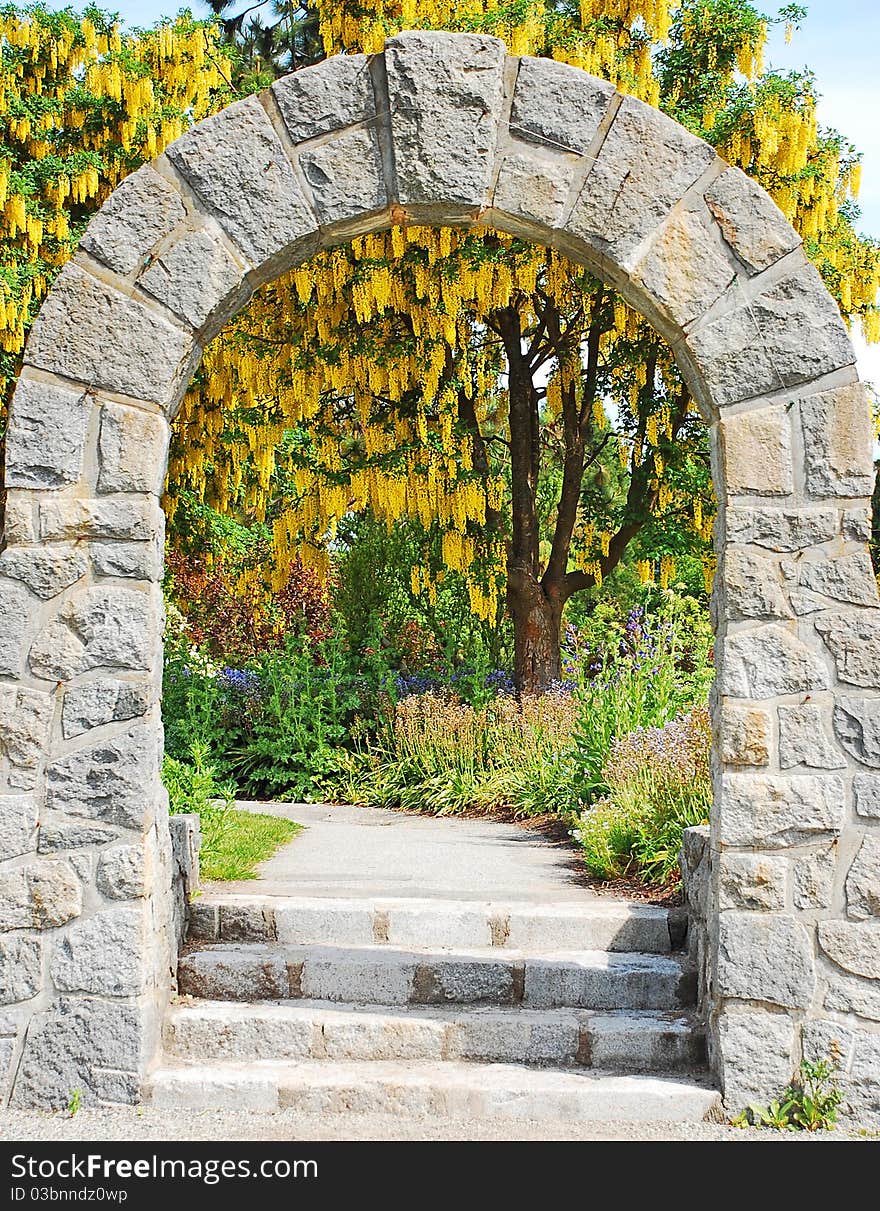 Stone archway in garden