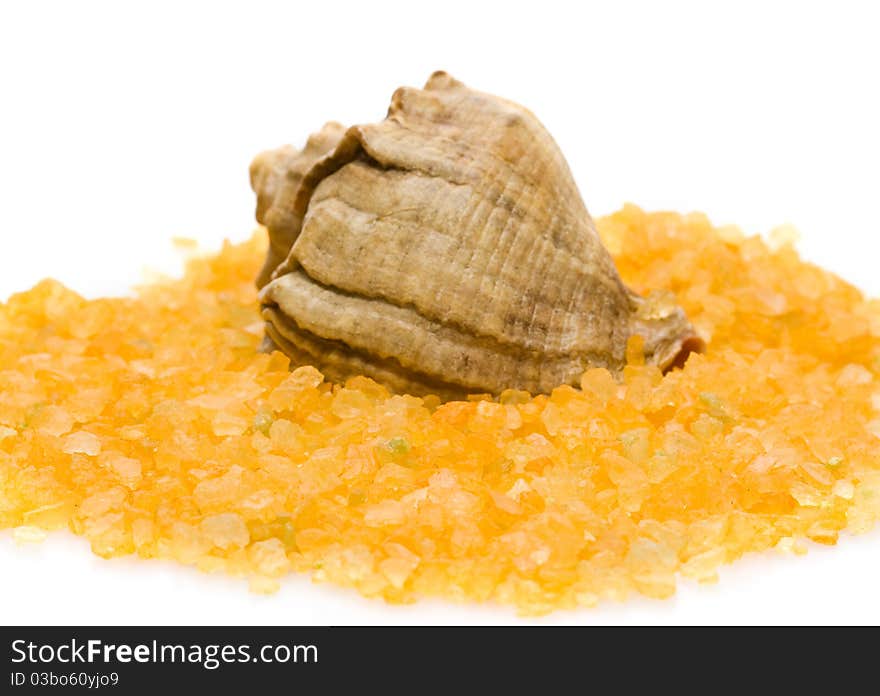 Seashell and colored sea salt on white