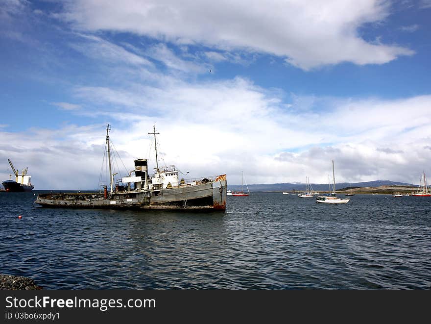 Old shipo in Ushuaia Harbour, Argentina