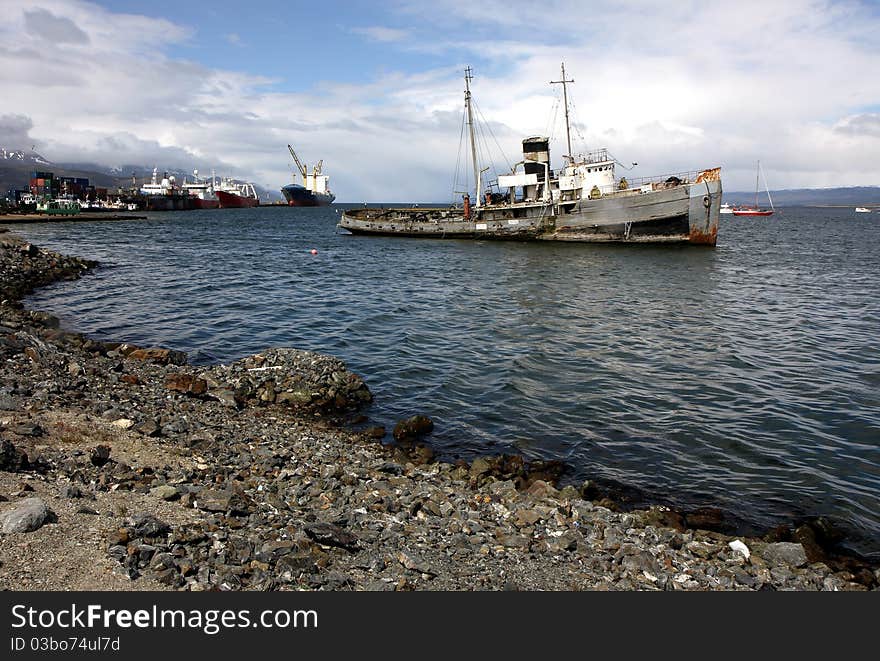 Old ship in Ushuaia Harbour, Argentina